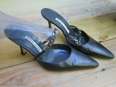  Manolo Blahnik Black Open Back Pointed Toe Pumps Heels W/Silver Chain Sz 36 1/2 • $119.40