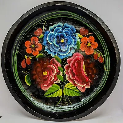 Vintage MEXICAN MEXICO Folk Art Wooden Bowl Tray Hand Painted FLORAL Colorful • $35