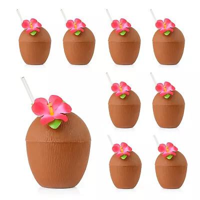 Coconut Cup With Flower & Straw Hawaiian Hula Tropical Hen Party Decor Beach • £4.99