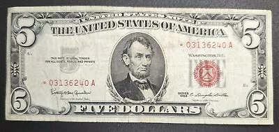 Star Note 1963 U.S. $5 Five Dollar Red Seal Circulated Condition Note      (004) • $19.99