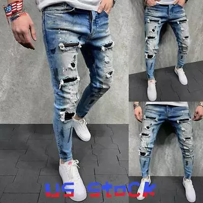 Mens Ripped Skinny Jeans Trousers Casual Stretch Slim Fit Distressed Denim Pants • $37.19