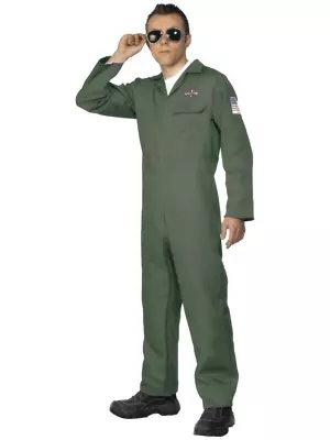 Aviator Pilot Khaki Zip-Up Jumpsuit Military Fighter Fancy Dress Costume • $69.95