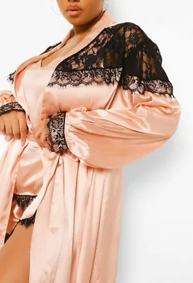 Rose Gold Silky Satin Black Lace Belted Kimono Dressing Gown Peignoir Robe 18  • £20