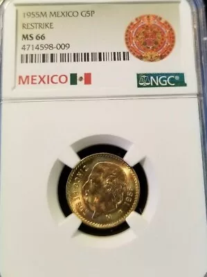 1955 Mexico Gold 5 Pesos Hidalgo Ngc Ms 66 High Grade Great Monster Luster !!! • $375