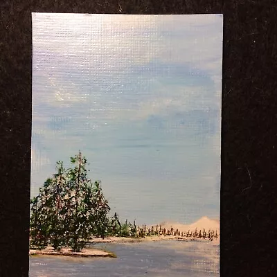 ACEO Original Acrylic Landscape Painting Mountains Snow Forest Trees  Lake • $7