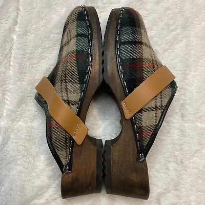 Moheda Toffeln US6.5  EU37 Plaid Wooden Clogs Sweden Leather Mules Wool Plaid • $32.96