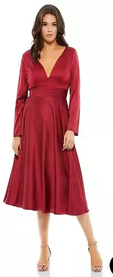 Mac Duggal SATIN LONG SLEEVE SWEETHEART FLOWY MIDI DRESS (PLUS) Burgundy 16W • $99.08