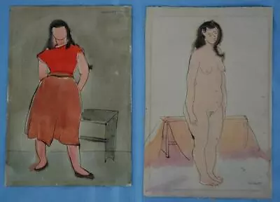 Pair Of Vintage Watercolors Signed Mallett In The Style Of Modigliani - One Nude • $99