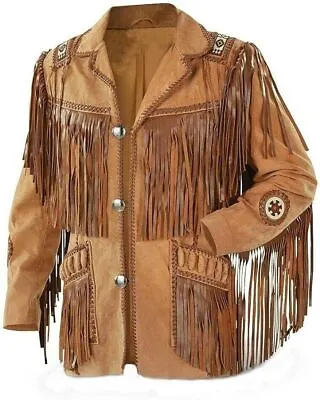 Mens Native American Cowboy Leather Jacket Western Suede Fringe & Beads Jacket • $119.99