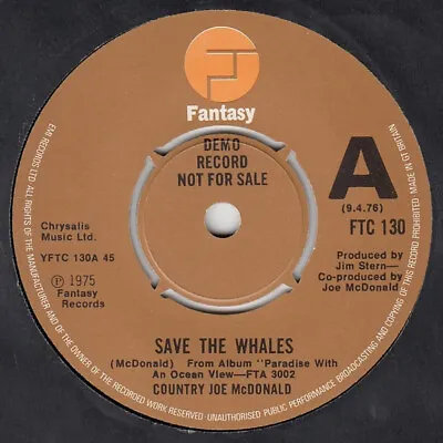 Country Joe McDonald - Save The Whales / Oh Jamaica (7  Promo) • £13.49