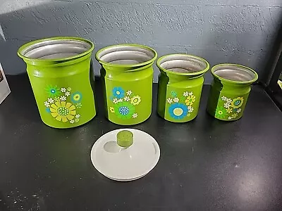 Vintage Kromex Aluminum 4 Canister Set Avocado Green Floral Flower AS IS • $40