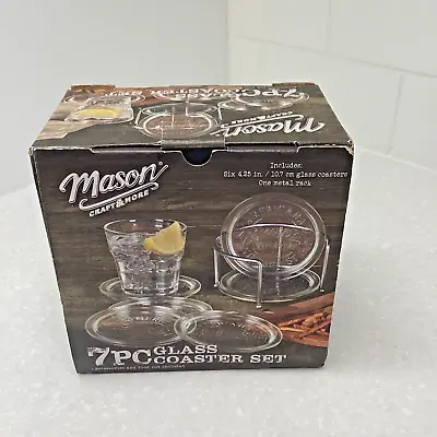 Tabletops Mason Craft & More Clear Glass Coaster Set Of 6 Metal Holder New Box • $26.99