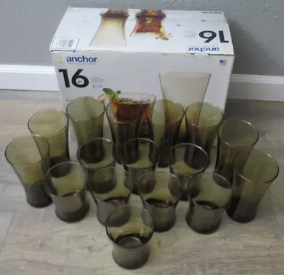 Set Of 16 Anchor Hocking Flared Tumbler Mocha Brown Trivium In Box • $69.95