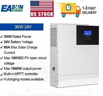 3000W Hybrid Solar Inverter Off-Grid Pure Sine 60A MPPT 24V DC To 110V/120V AC • $389.99