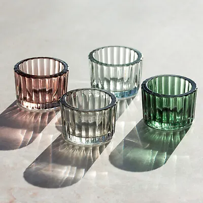 Set Of 4 Colour Glass Small Tea Light Candle Holders 5.5cm Ribbed Tealight Pots • £8