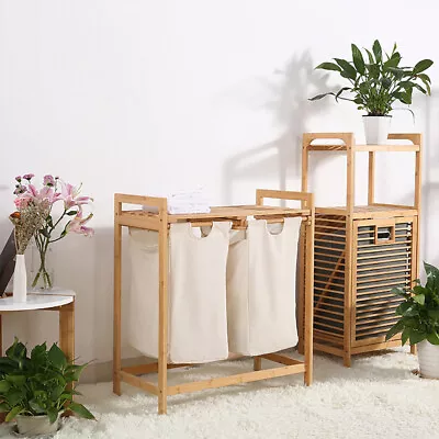 Bamboo Frame Laundry Hamper With Dual Basket Two-Sections Removable Laundry Bags • $37.05