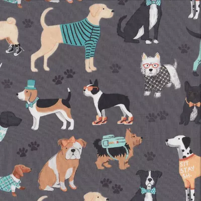 Dog Lover Pug Dachshund Westie On Grey Dogs Pet Animal Quilting Fabric 1/2 Metre • $15.95