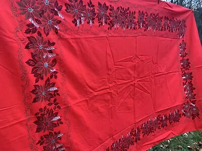 1960s Vintage Red Christmas Tablecloth 83 X 55 Poinsettia Silver Candles • $15.48