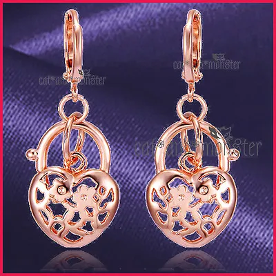 18k Rose Gold Gf Women Vintage Filigree Heart Padlock Dress Dangle Earrings Gift • £6.71