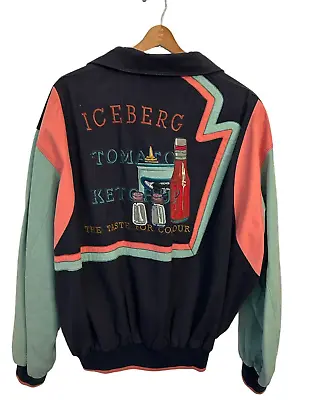 Vintage ICEBERG Italy Color Block Leather Sleeve Bomber Jacket Back Graphic XL • $400