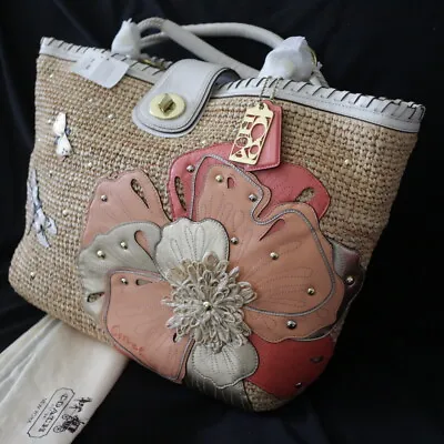 NEW COACH Hampton Floral Dragonfly Straw Beach XL Weekend Tote Shoulder Bag $698 • $594.96