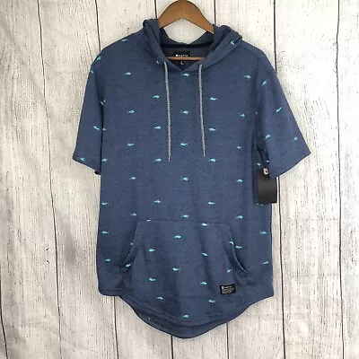 Fish Print Hoodie Sweatshirt Blue Short Sleeve Nautical Beach Men's Size Small S • $14.85