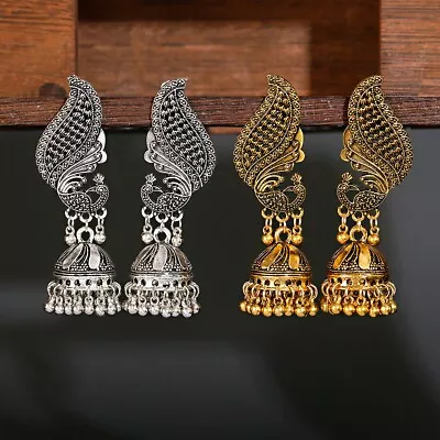 Ethnic Women's Peacock Pearl Earrings Indian Silver Color Bell Tassel Earrings • $5.78