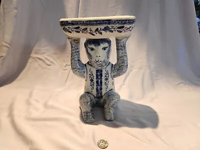  Vintage Chinoiserie Blue White Ceramic Monkey Holding Soap Dish Candy Bowl • $120