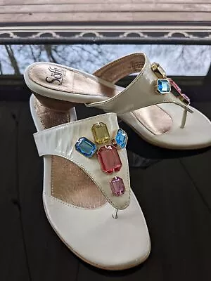 Sofft Patent Leather Thong Sandal Multi Colored Faceted Acrylic Gems W Gold Sz 7 • £22.16
