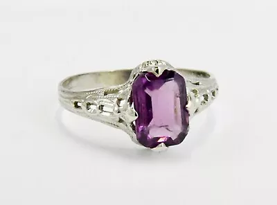 Vintage 10K White Gold Filigree 7MM X 5MM Amethyst Ring Size 3 1/4 • $104