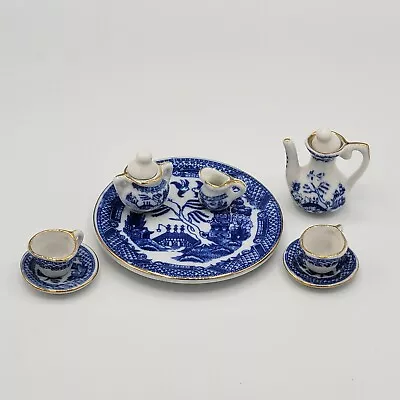 Miniature Tea Set Asian Blue White Tray Teapot Creamer Sugar 2 Cup & Saucer • $14.95