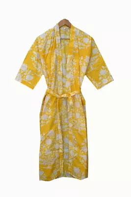 $36.29 • Buy Indian Yellow Women's Clothing Floral Kimono Cotton Bath Robe Maxi Night Gown AU