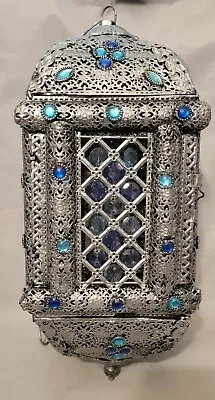 Moroccan Lantern Pillar Candle Blue & Silver Ready To Hang Home Decor 19 Inch • $45.95