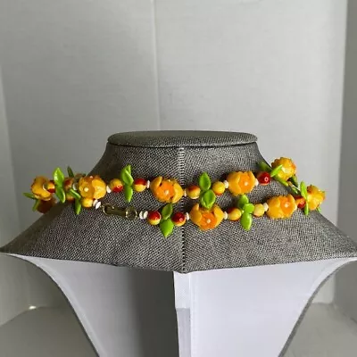 Vintage Springtime Tangerine Orange White Flowers Molded Plastic Beaded Necklace • $19.99