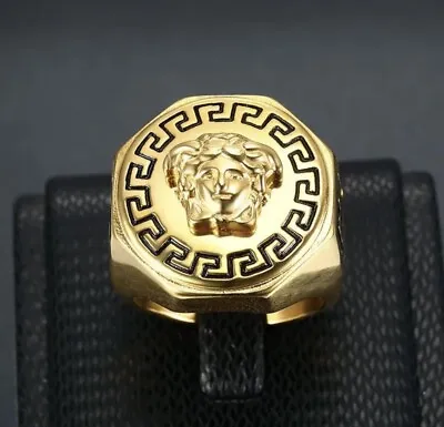 Engraved Italy18k Gold Filled Heavy Luxury Man Medusa Ring 10-11-12 • $55.99