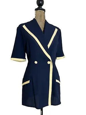 Navy Blazer Jacket Size 10 Double Breasted Retro Sailor Nautical Blue • £11.99