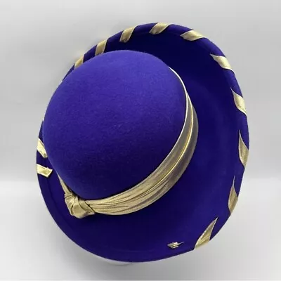 Vintage Sonni San Francisco Women’s Purple Wool Felt Gold Ribbon Hat • $29.95