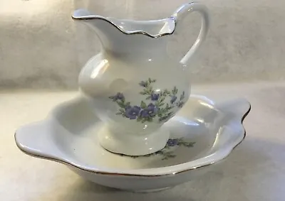 Vtg Small Porcelain Floral Pitcher And Bowl Set Flowers With Golden Trim • $22