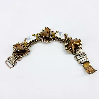 Vintage Link Bracelet With Copper And White Stones Gold Tone Filigree  • $14.92