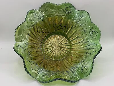 Beautiful MILLERSBURG Radium Green Rays And Ribbons  Carnival Glass Bowl • $64.99