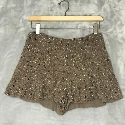 $28 • Buy Zara Shorts Womens XS Light Brown Beaded Sequin Flat Front Side Zip Party NYE