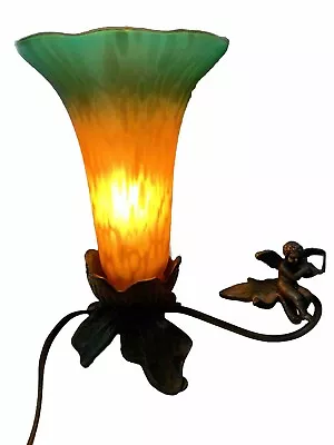 Vintage Tulip Accent Table Lamp With Violin Playing Cherub &Metal Leaves Base • $34.99