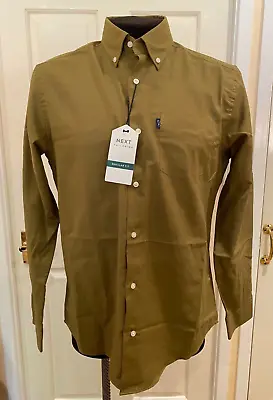 NEXT Men's Olive Green Regular Fit Easy Iron Long Sleeve Oxford Shirt - Size M • £22