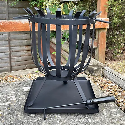 £21.99 • Buy Black Steel Fire Basket 50cm Round Garden Log Burner Heating With Ash Tray Poker