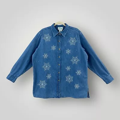 Vintage Quacker Factory LARGE Denim Button Up Shirt Snowflakes Oversized   119/2 • $19.95