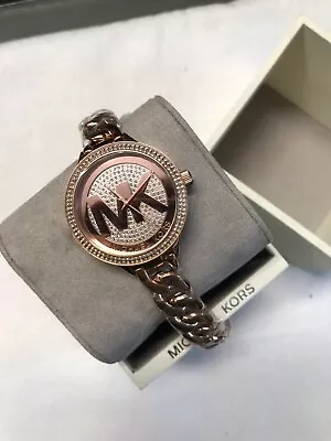 Michael Kors Mk3475 Slim Runway Rose Gold Crystal Logo Chain Women Watch • $159