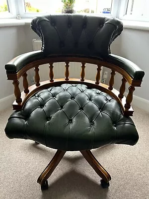 Captains Chair Green Leather Buttoned Back Swivel Desk Chair-Very Good Condition • £150