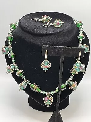 Estate Murano Italian Glass Wedding Cake Bead Necklace 2 Earring 925 Sets GREEN • $38.88