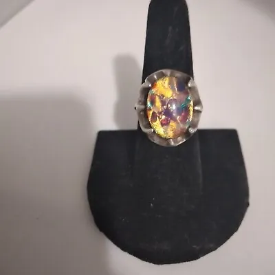 Mexico 925 Ring Sterling Silver Dragons Breath Foil Opal Glass Art Deco Sz 8 Mom • $49
