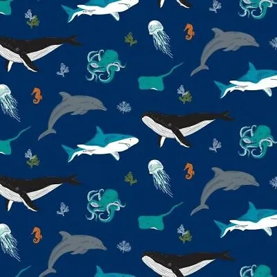 100% Cotton Patchwork Fabric Nutex Sea Ocean Waves Nautical Fish Whales Coral • £7.99